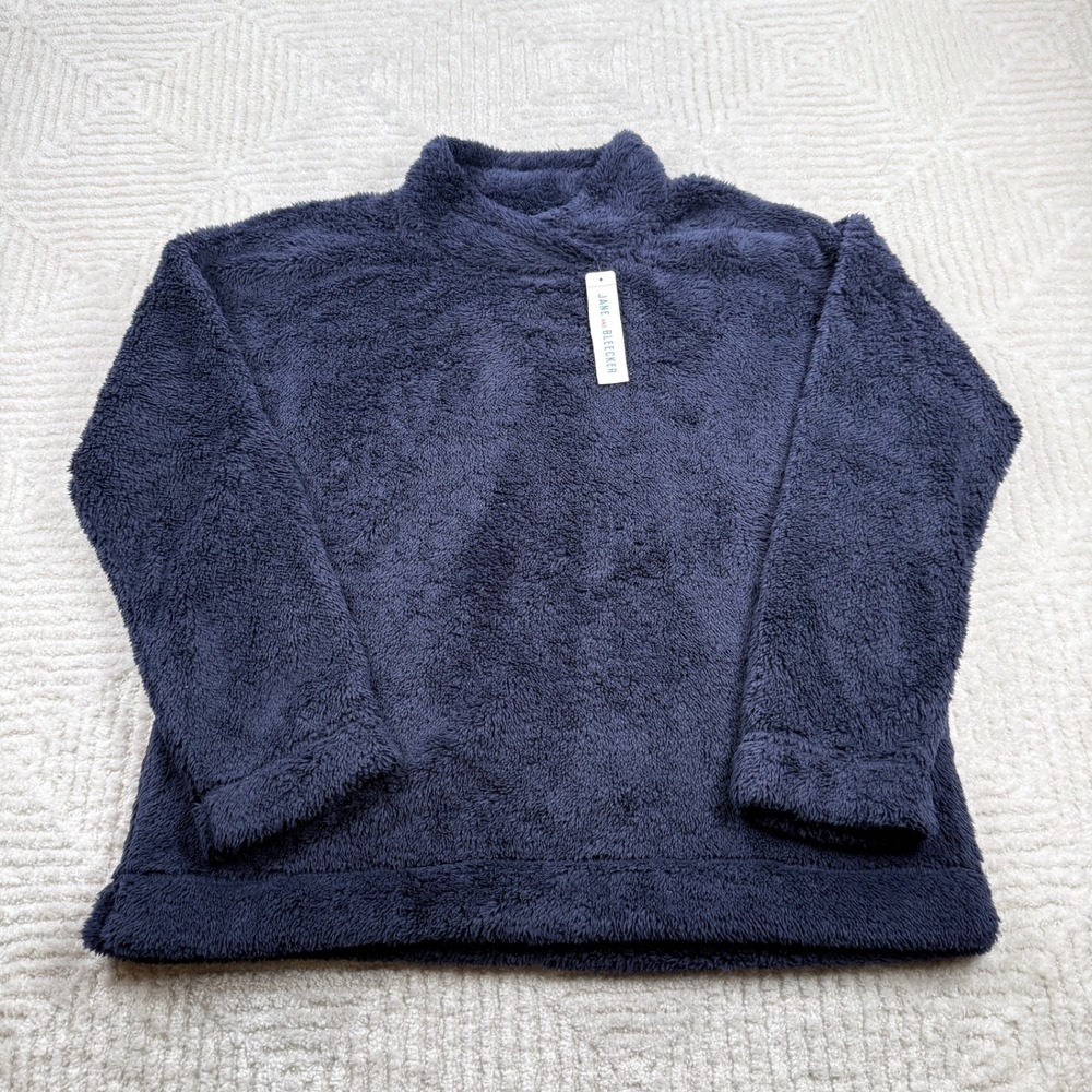Jane and Bleecker Pullover Women's M Navy Blue Faux Fur Sherpa Cozy Comfy Plush